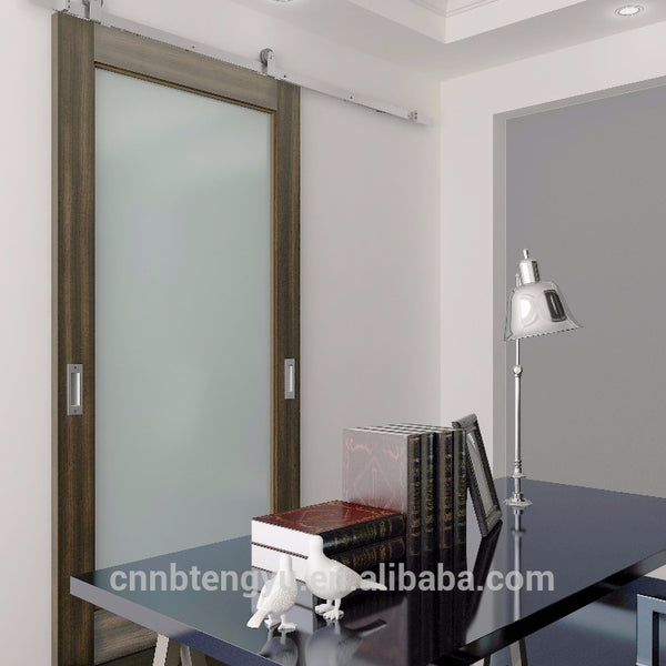 Hotel Home Solid Wood Frame Mirrored Barn Door / Frosted Tempered Glass Sliding Door with Hardware Track Kit on China WDMA