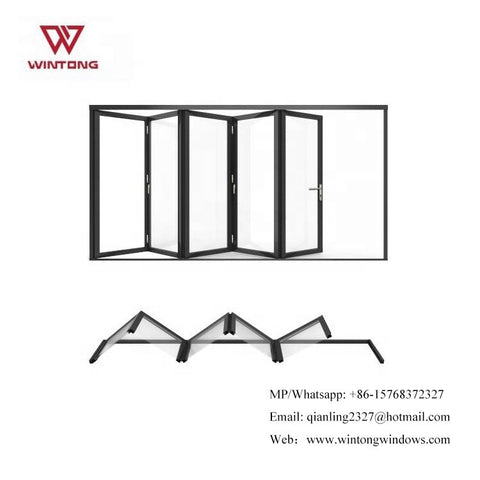 Modern Shoundproof Exterior French Folding Door And Wooden Color Aluminum Patio Bifold Doors With Transparent Accordion on China WDMA