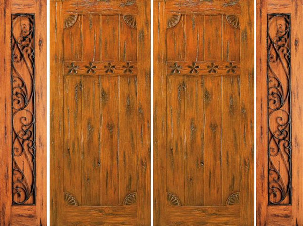 WDMA 100x80 Door (8ft4in by 6ft8in) Exterior Knotty Alder Front Prehung Double Door with Two Sidelights Carved 1