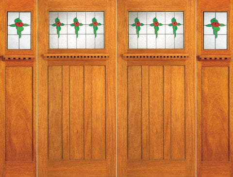 WDMA 108x84 Door (9ft by 7ft) Exterior Mahogany Stained Glass Craftsman Style Double Door and Two Sidelights 1