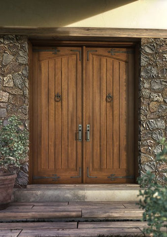 WDMA 120x96 Door (10ft by 8ft) Interior Swing Mahogany Arch Panel Rustic V-Grooved Plank Exterior or Double Door with Corner Straps / Straps 1