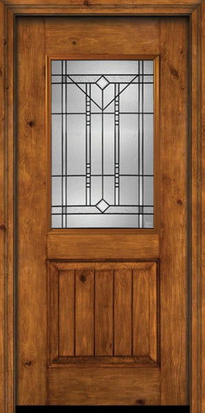 WDMA 30x80 Door (2ft6in by 6ft8in) Exterior Knotty Alder Alder Rustic V-Grooved Panel 1/2 Lite Single Entry Door Riverwood Glass 1