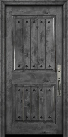 WDMA 32x80 Door (2ft8in by 6ft8in) Exterior Knotty Alder 80in 2 Panel Square V-Grooved Estancia Alder Door with Clavos 2