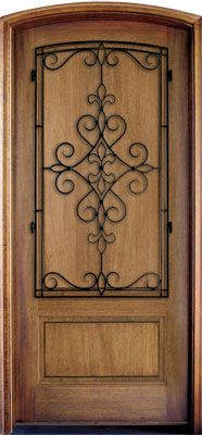 WDMA 34x78 Door (2ft10in by 6ft6in) Exterior Mahogany Trinity Solid Panel Single/Arch Top w Gilford Iron 1