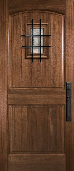 WDMA 36x80 Door (3ft by 6ft8in) Exterior Mahogany 36in x 80in Arch 2 Panel V-Grooved DoorCraft Door with Speakeasy 1