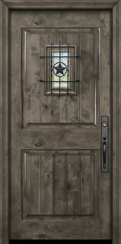WDMA 42x80 Door (3ft6in by 6ft8in) Exterior Knotty Alder 42in x 80in 2 Panel Square V-Grooved Estancia Alder Door with Speakeasy 2