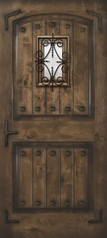 WDMA 42x80 Door (3ft6in by 6ft8in) Exterior Knotty Alder 42in x 80in Arch 2 Panel V-Grooved Estancia Alder Door with Speakeasy / Clavos 1