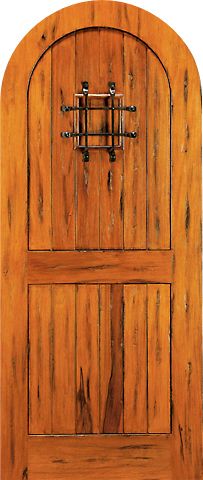 WDMA 42x96 Door (3ft6in by 8ft) Exterior Tropical Hardwood RA-455 Round Top Plank Grooved 2-Panel Tropical Rustic Hardwood Entry Single Door 1