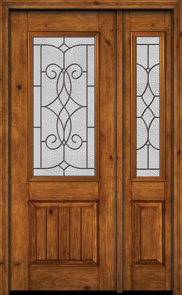 WDMA 44x96 Door (3ft8in by 8ft) Exterior Knotty Alder 96in Alder Rustic V-Grooved Panel 2/3 Lite Single Entry Door Sidelight Ashbury Glass 1
