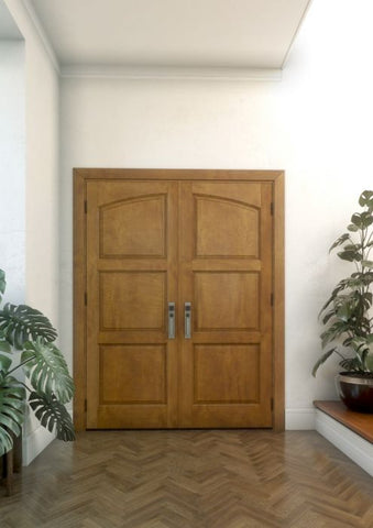 WDMA 48x84 Door (4ft by 7ft) Exterior Barn Mahogany Arch Top 3 Panel Transitional or Interior Double Door 1