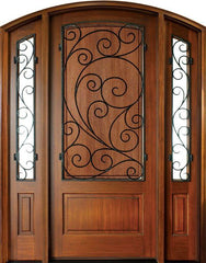 WDMA 52x96 Door (4ft4in by 8ft) Exterior Mahogany Trinity Solid Panel Single/2 Iron Sidelight Arch Top w Burlwood Iron 1