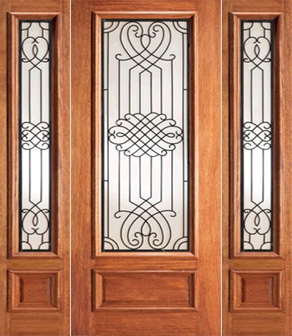 WDMA 52x96 Door (4ft4in by 8ft) Exterior Mahogany Designer Iron Scrollwork Glass Door Two Sidelight 1