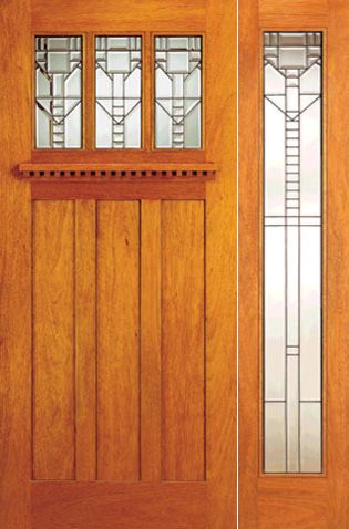 WDMA 54x80 Door (4ft6in by 6ft8in) Exterior Mahogany Craftsman Three-Lite Door and Full Lite Sidelight 1