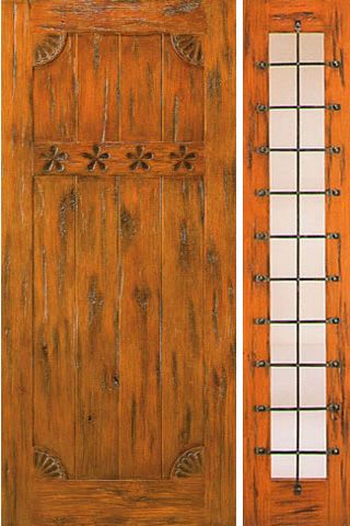 WDMA 54x80 Door (4ft6in by 6ft8in) Exterior Knotty Alder Door with One Sidelight Prehung Carved 1