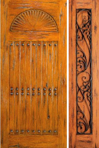 WDMA 54x80 Door (4ft6in by 6ft8in) Exterior Knotty Alder Prehung Door with One Sidelight Carved 1
