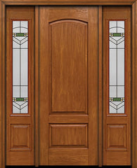 WDMA 54x96 Door (4ft6in by 8ft) Exterior Cherry 96in Two Panel Camber Single Entry Door Sidelights Greenfield Glass 1