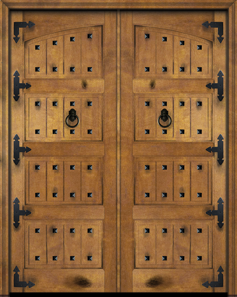 WDMA 56x84 Door (4ft8in by 7ft) Interior Swing Mahogany Arch Top 4 Panel V-Grooved Plank Rustic-Old World Exterior or Double Door with Corner Straps and Clavos 1