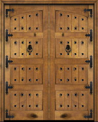 WDMA 56x84 Door (4ft8in by 7ft) Interior Swing Mahogany Arch Top 4 Panel V-Grooved Plank Rustic-Old World Exterior or Double Door with Corner Straps and Clavos 1