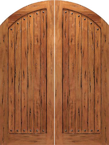 WDMA 60x96 Door (5ft by 8ft) Exterior Tropical Hardwood RS-1150 Arch Top Plank 1-Panel Rustic Hardwood Entry Double Door w Clavos 1