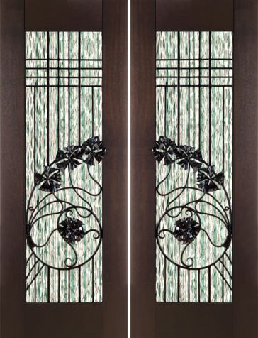 WDMA 60x96 Door (5ft by 8ft) Exterior Mahogany Pair of 2-1/4in Thick Art Nouveau Doors Waterfall Glass Wrought Iron 1