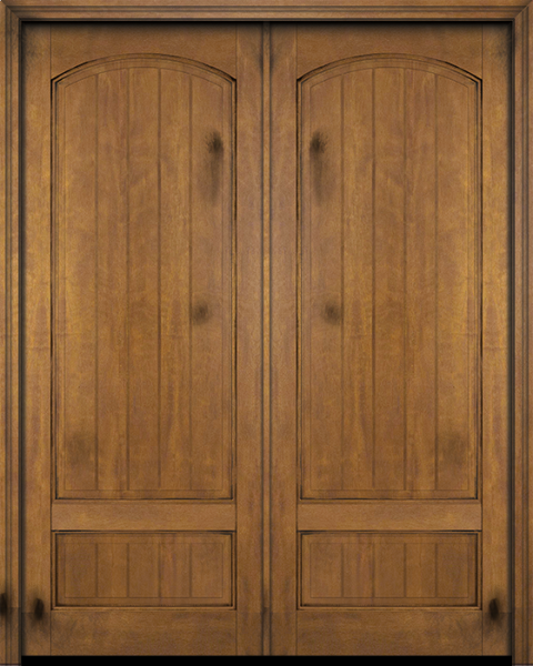 WDMA 64x80 Door (5ft4in by 6ft8in) Interior Swing Mahogany 2 Panel Arch Top V-Grooved Plank Exterior or Double Door 1