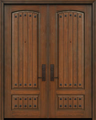 WDMA 64x96 Door (5ft4in by 8ft) Exterior Cherry 96in Double 2 Panel Arch V-Grooved or Knotty Alder Door with Clavos 1