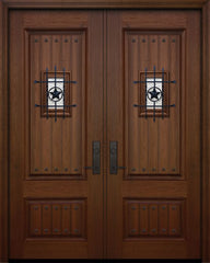 WDMA 64x96 Door (5ft4in by 8ft) Exterior Mahogany 96in Double 2 Panel Square V-Grooved Door with Speakeasy / Clavos 1