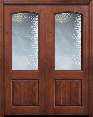WDMA 64x96 Door (5ft4in by 8ft) Exterior Alder 96in Double 2/3 Arch Lite Privacy Glass V-Grooved Panel Knotty Door 1