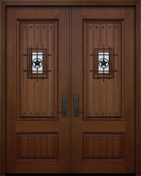 WDMA 64x96 Door (5ft4in by 8ft) Exterior Mahogany IMPACT | 96in Double 2 Panel Square V-Grooved Door with Speakeasy / Clavos 1