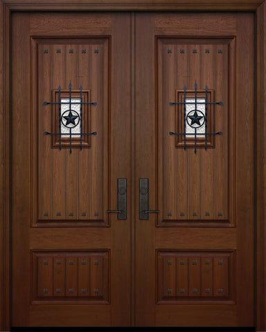 WDMA 64x96 Door (5ft4in by 8ft) Exterior Mahogany IMPACT | 96in Double 2 Panel Square V-Grooved Door with Speakeasy / Clavos 1