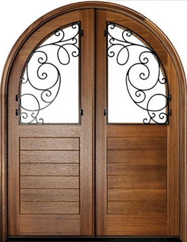 WDMA 64x96 Door (5ft4in by 8ft) Exterior Swing Mahogany Sicily Double Door/Round Top w Iron #2 1