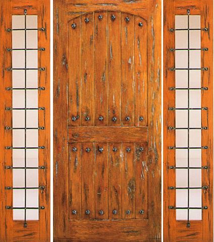 WDMA 66x80 Door (5ft6in by 6ft8in) Exterior Knotty Alder Prehung Door with Two Sidelights Clavos 1
