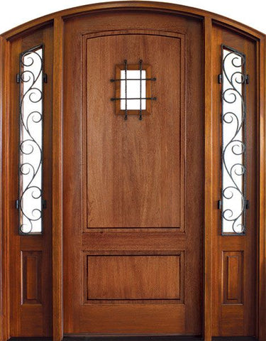 WDMA 70x96 Door (5ft10in by 8ft) Exterior Swing Mahogany Trinity 2 Panel Single Door/2 Iron Sidelight Arch Top w Speakeasy 1