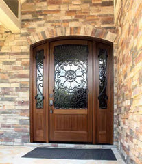 WDMA 70x96 Door (5ft10in by 8ft) Exterior Swing Mahogany Trinity Single Door/2Sidelight Arch Top w Iron #1 2-1/4 Thick 2