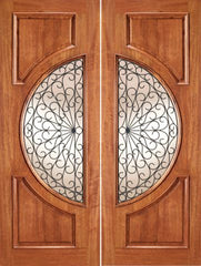 WDMA 72x96 Door (6ft by 8ft) Exterior Mahogany Circle Lite Double Door Scrollwork Ironwork Design 1
