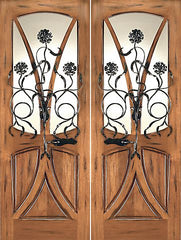 WDMA 72x96 Door (6ft by 8ft) Exterior Mahogany AN-2004-2 Tree Lite Hand Carved Art Nouveau Double Door Forged Iron 1