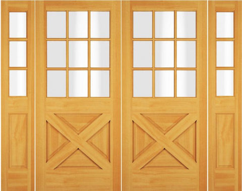 WDMA 84x80 Door (7ft by 6ft8in) Exterior Swing Mahogany Sapele Wood 1/2 Lite 9 Lite Rustic Crossbuk Double Door / 2 Sidelight 1