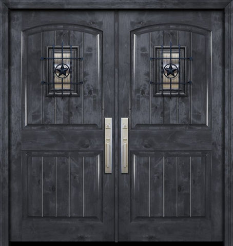 WDMA 84x80 Door (7ft by 6ft8in) Exterior Knotty Alder 42in x 80in Double Arch 2 Panel V-Grooved Estancia Alder Door with Speakeasy 1