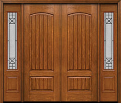 WDMA 84x96 Door (7ft by 8ft) Exterior Cherry 96in Plank Two Panel Double Entry Door Sidelights Courtyard Glass 1