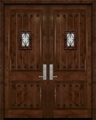WDMA 84x96 Door (7ft by 8ft) Exterior Knotty Alder 42in x 96in Double 2 Panel V-Grooved Estancia Alder Door with Speakeasy / Clavos 1