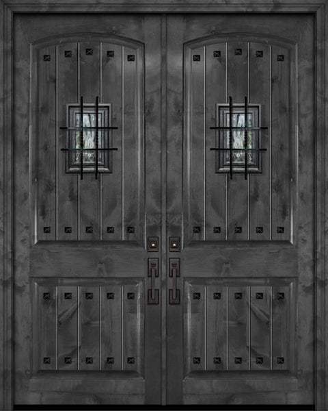 WDMA 84x96 Door (7ft by 8ft) Exterior Knotty Alder 42in x 96in Double Arch 2 Panel V-Grooved Estancia Alder Door with Speakeasy / Clavos 1