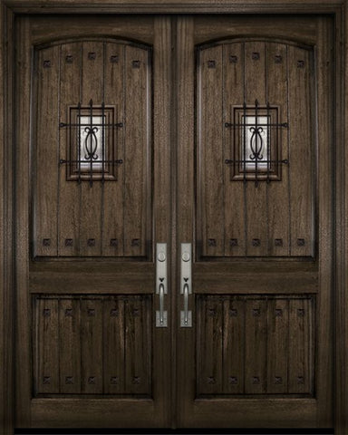 WDMA 84x96 Door (7ft by 8ft) Exterior Mahogany 42in x 96in Double Arch 2 Panel V-Grooved DoorCraft Door with Speakeasy / Clavos 1