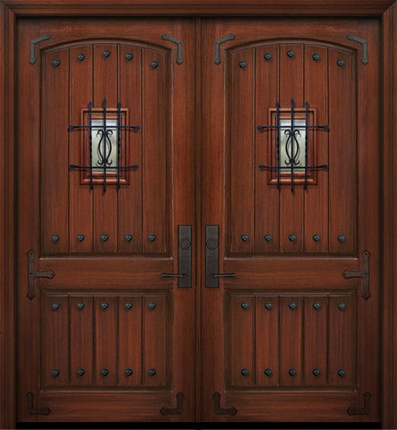 WDMA 84x96 Door (7ft by 8ft) Exterior Mahogany 42in x 96in Double 2 Panel Arch V-Groove Door with Speakeasy Straps / Clavos 1