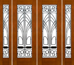 WDMA 96x96 Door (8ft by 8ft) Exterior Mahogany 2-1/4in Art Nouveau Double Doors Sidelights Low-E Iron Work 1